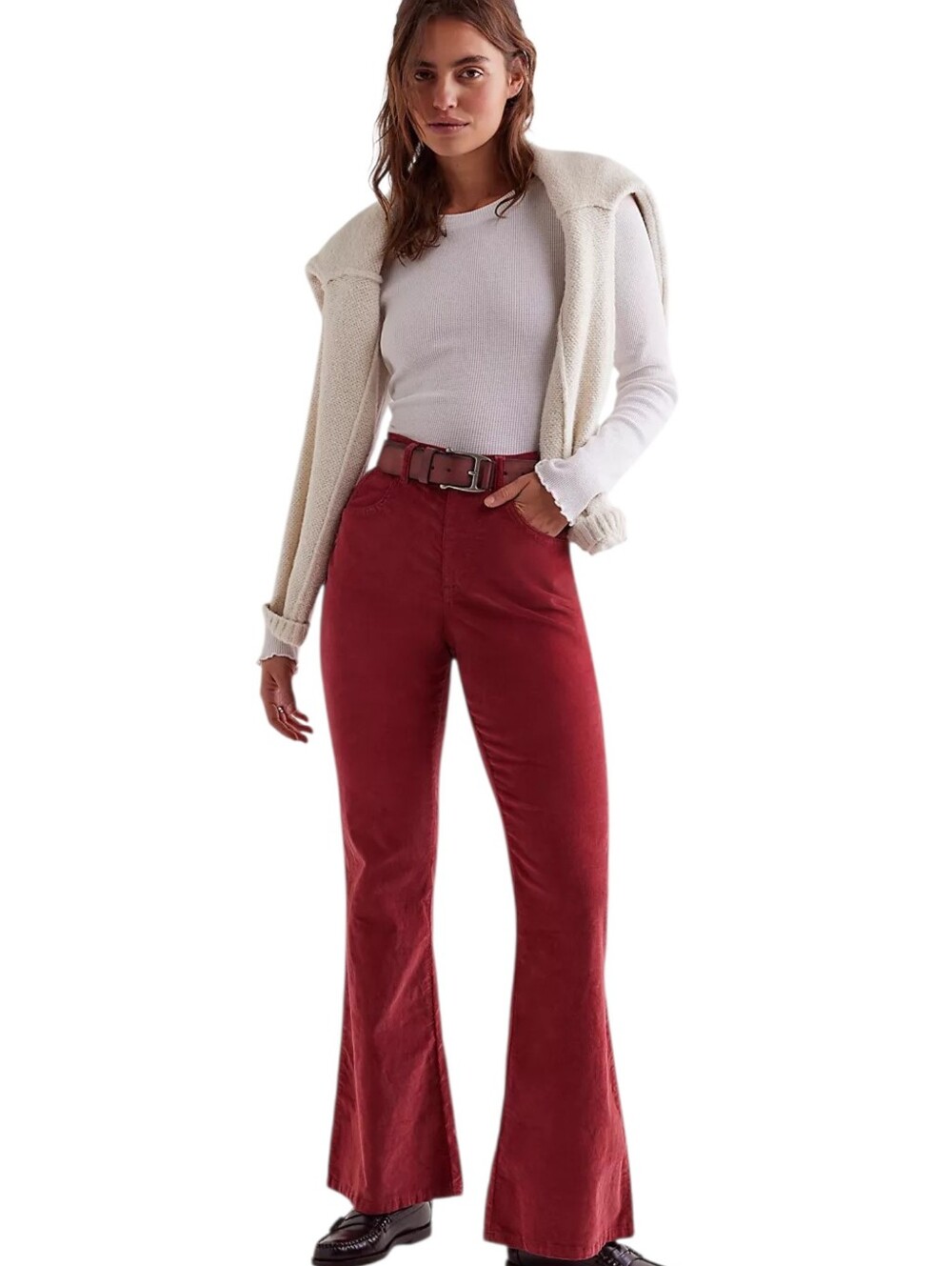 Free People CRVY Karma Cord Flare Pants Red Dahlia High Rise 70s Western L NWT